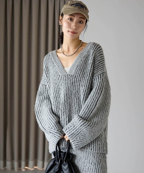 ポケット ニット セーター オーバーサイズ畦編みVネックニット