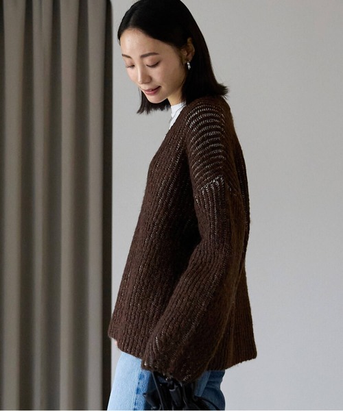 美品♡オーバーサイズニット ブラウン ポケット ニット セーター オーバーサイズ畦編みVネックニット