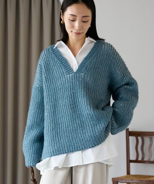 ポケット ニット セーター オーバーサイズ畦編みVネックニット