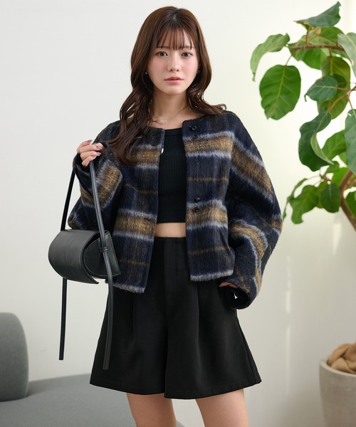 ジャケット ノーカラージャケット cotton wool check collarless coat