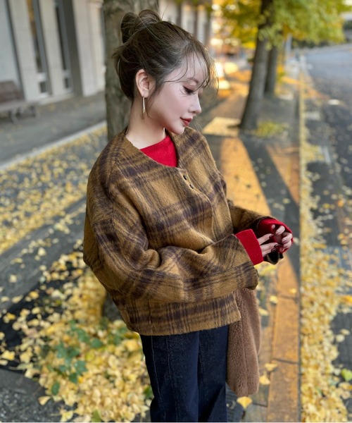 ジャケット ノーカラージャケット cotton wool check collarless coat
