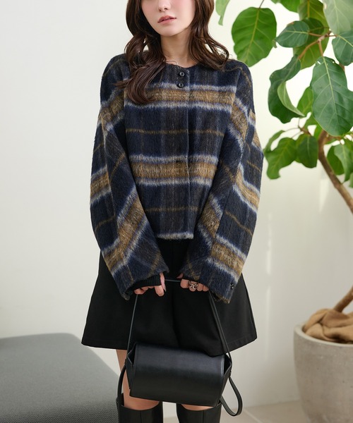 ジャケット ノーカラージャケット cotton wool check collarless coat