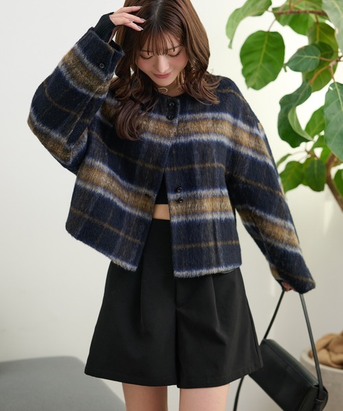 ジャケット ノーカラージャケット cotton wool check collarless coat