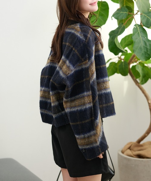 ジャケット ノーカラージャケット cotton wool check collarless coat