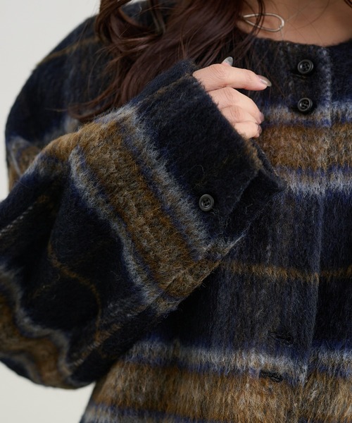 ジャケット ノーカラージャケット cotton wool check collarless coat