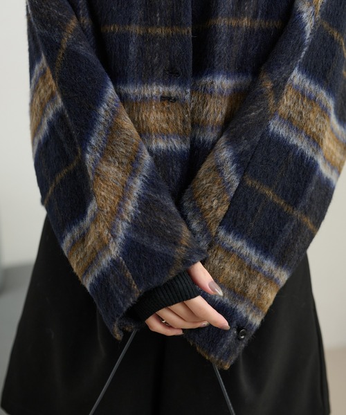 ジャケット ノーカラージャケット cotton wool check collarless coat