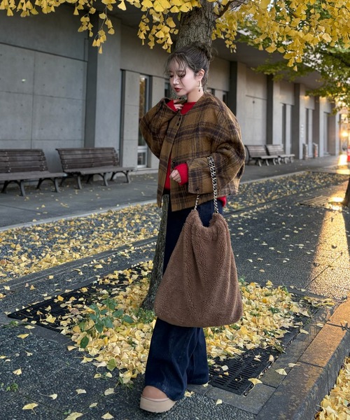 ジャケット ノーカラージャケット cotton wool check collarless coat