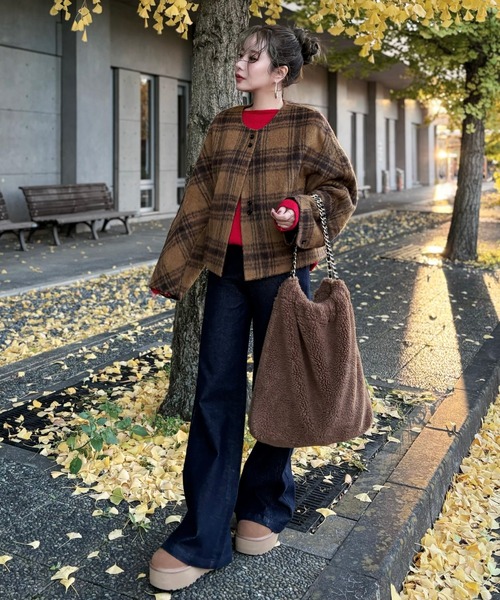 ジャケット ノーカラージャケット cotton wool check collarless coat