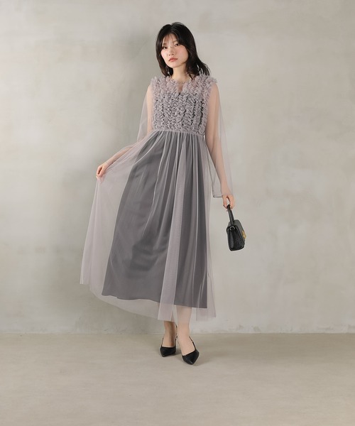 (週末限定値下げ！)美品kana フリル付き長袖ドレス　黒・グレー Kana ドレス チュール ロング フリル Aライン ワンピース ドレス 2点
