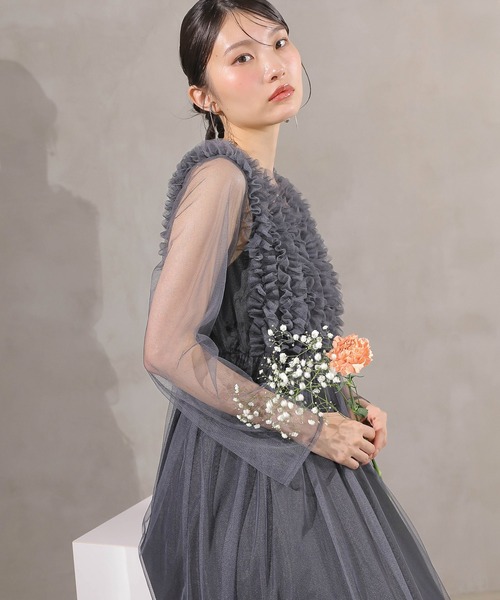 (週末限定値下げ！)美品kana フリル付き長袖ドレス　黒・グレー Kana ドレス チュール ロング フリル Aライン ワンピース ドレス 2点