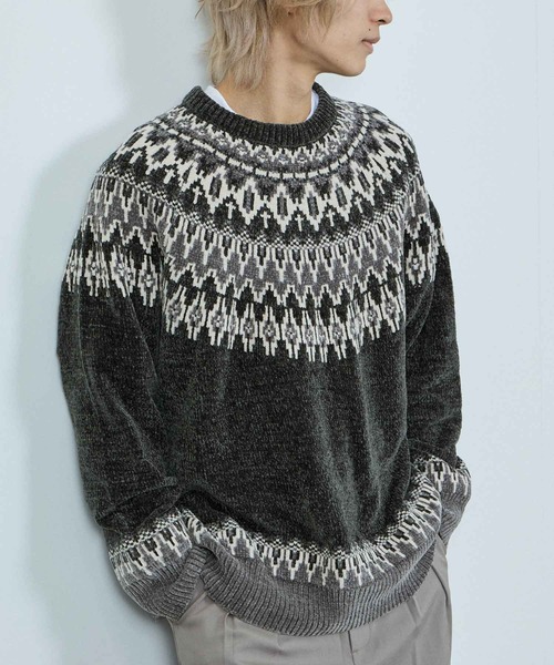 NAVY セーター ニット トロリ求心柄モールニットプルオーバー メンズ