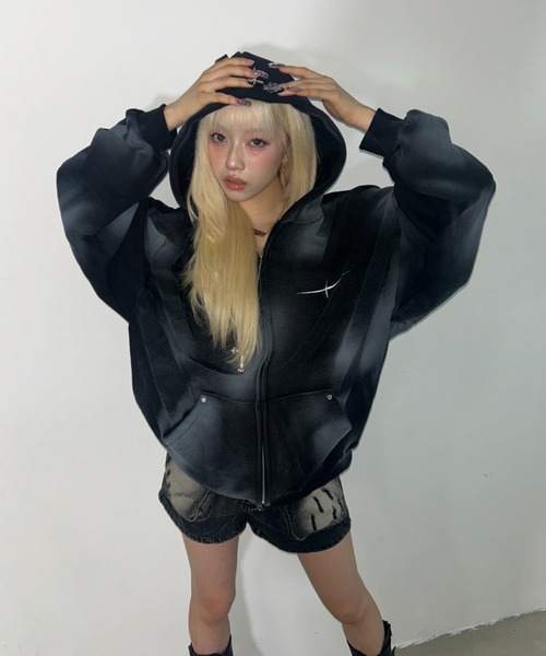 パーカー A'GEM/9 × .kom 「ARULE/アルール」Spray Zip Hoodie/スプレージップアップパーカー レディース メンズの画像
