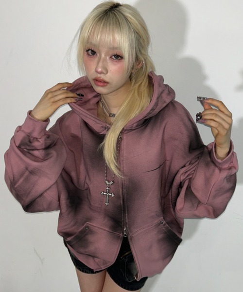 パーカー A'GEM/9 × .kom 「ARULE/アルール」Spray Zip Hoodie/スプレージップアップパーカー レディース メンズの画像