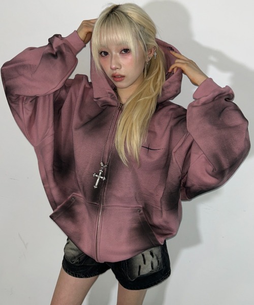 パーカー A'GEM/9 × .kom 「ARULE/アルール」Spray Zip Hoodie/スプレージップアップパーカー レディース メンズの画像