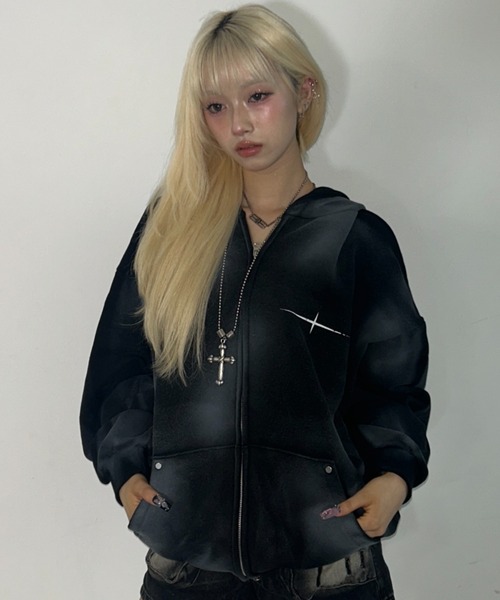 パーカー A'GEM/9 × .kom 「ARULE/アルール」Spray Zip Hoodie/スプレージップアップパーカー レディース メンズの画像