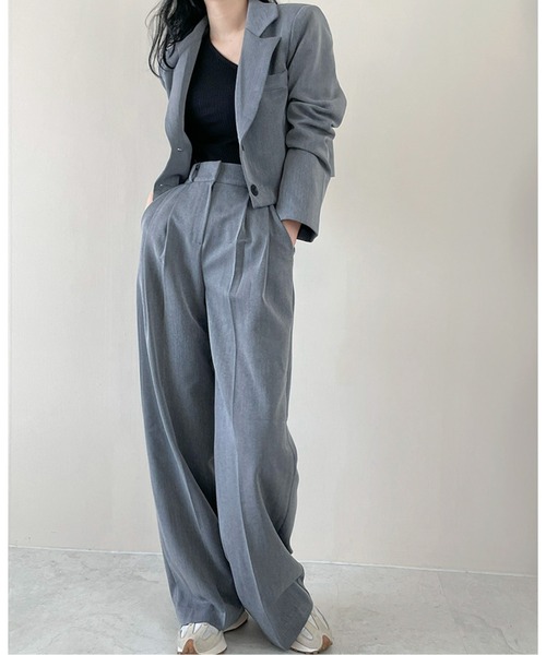 セットアップ シングルショートジャケット＆ハイウエストワイドパンツ