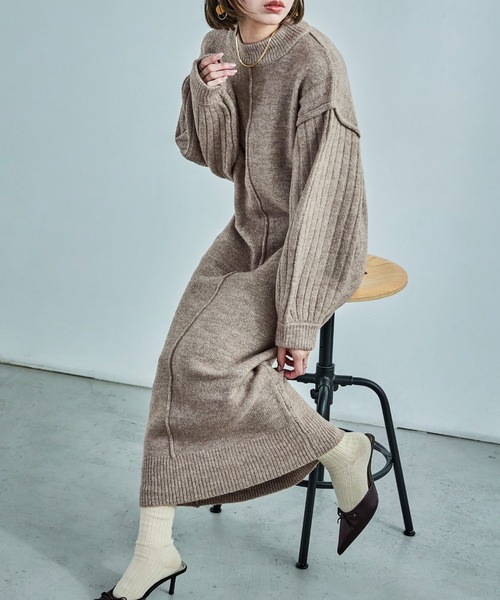 「Fashion Letter」 ニットワンピース M グレイッシュベージュ レディース_画像3