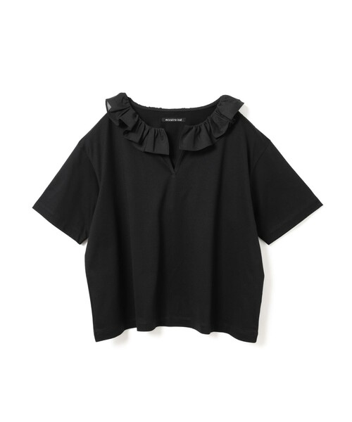 フリル付きブラッククロップドTシャツ mizuiroind（ミズイロインド） tシャツ 半袖 フリルカラースキッパーT