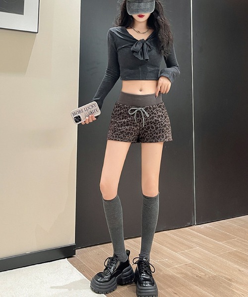 2ly2 パンツ レオパード ショートパンツ ヒョウ柄 ウエストゴム ミニ丈
