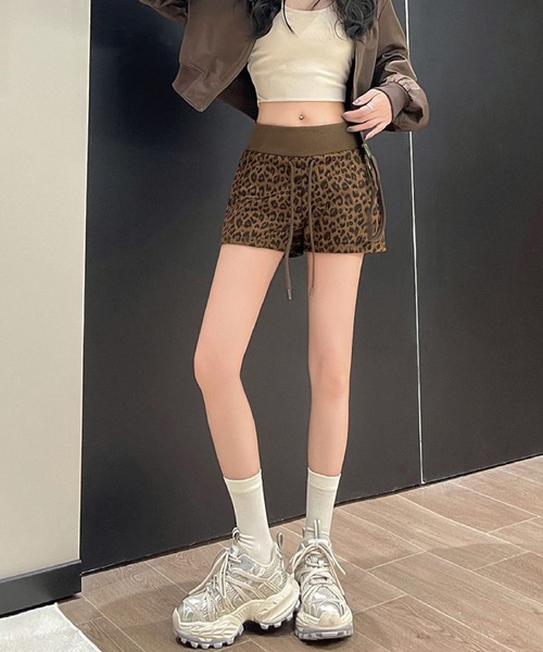 2ly2 パンツ レオパード ショートパンツ ヒョウ柄 ウエストゴム ミニ丈