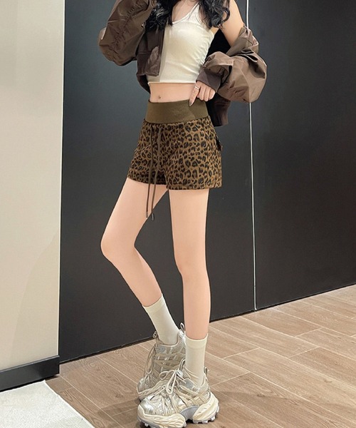 2ly2 パンツ レオパード ショートパンツ ヒョウ柄 ウエストゴム ミニ丈