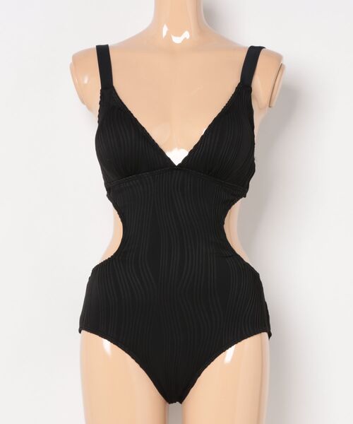 Ravijour バイカラーカーブワンピース 水着 ブラック 水着 V ネックサイドカットアウト ラップスカート付きワンピース水着