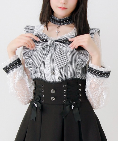 DearMyLove ブラウス シャツ 夏 チョーカー付き十字架スタッズリボン