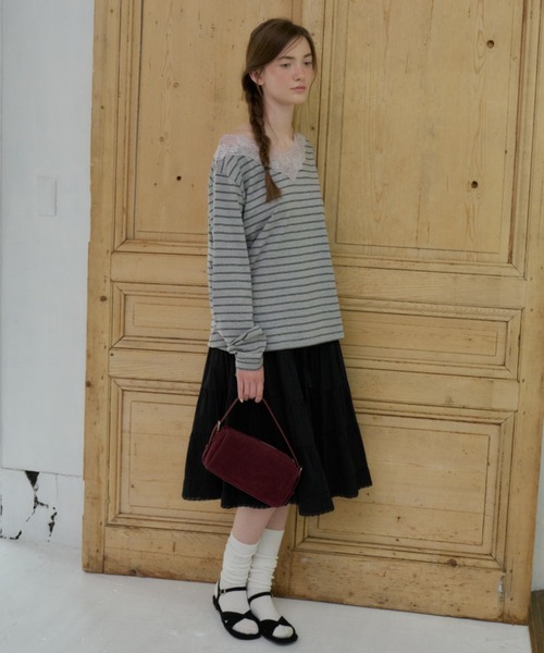 GIUNON tシャツ 2way border lace tops / 2wayボーダーレーストップス