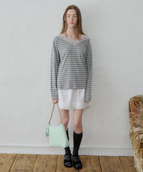 GIUNON tシャツ 2way border lace tops / 2wayボーダーレーストップス