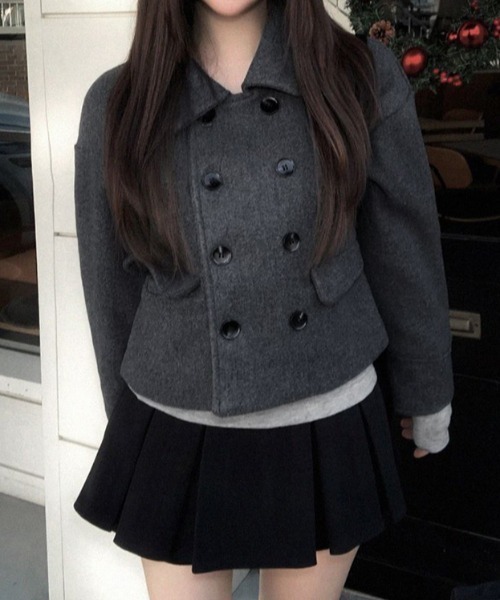 Aelina ピーコート pコート ダブルボタンフェイクウールショートコート