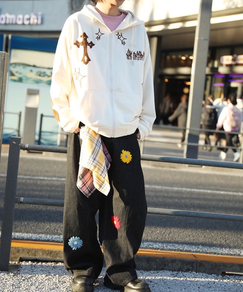 パーカー 「HOOK」クロスと炎刺繍ジップパーカー メンズ レディース