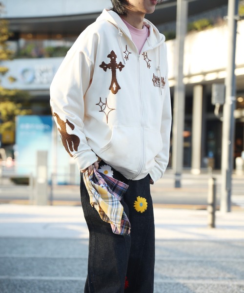 パーカー 「HOOK」クロスと炎刺繍ジップパーカー メンズ レディース