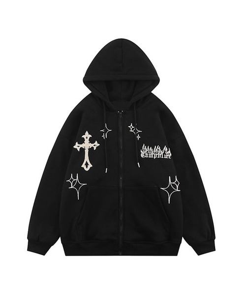 nozomu様❤️15点⭐️A97⭐️ RAD ♥ クロス ボーダー ジップ パーカー パーカー 「HOOK」クロスと炎刺繍ジップパーカー メンズ レディース