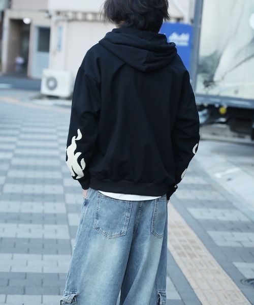 パーカー 「HOOK」クロスと炎刺繍ジップパーカー メンズ レディース