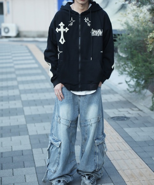 【90's】SOHK パーカー ジップ 刺繍 XXL ブラック 黒 フード 古着 90s Russell 無地 ソリッド セットイン スウェット ジップ