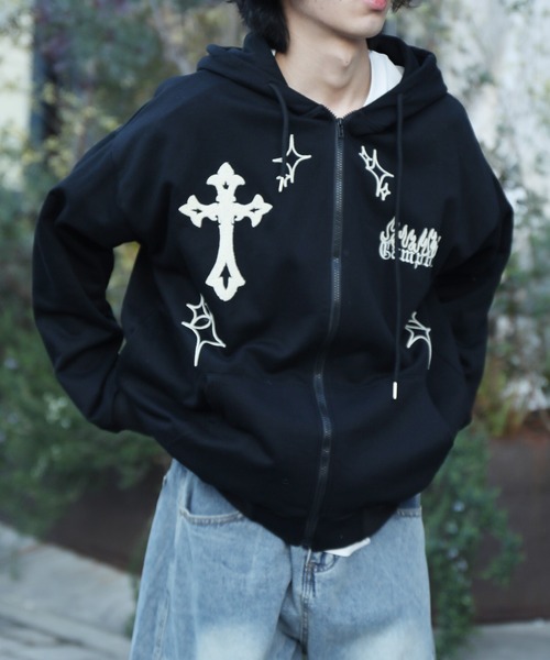パーカー 「HOOK」クロスと炎刺繍ジップパーカー メンズ レディース