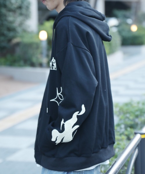 パーカー 「HOOK」クロスと炎刺繍ジップパーカー メンズ レディース
