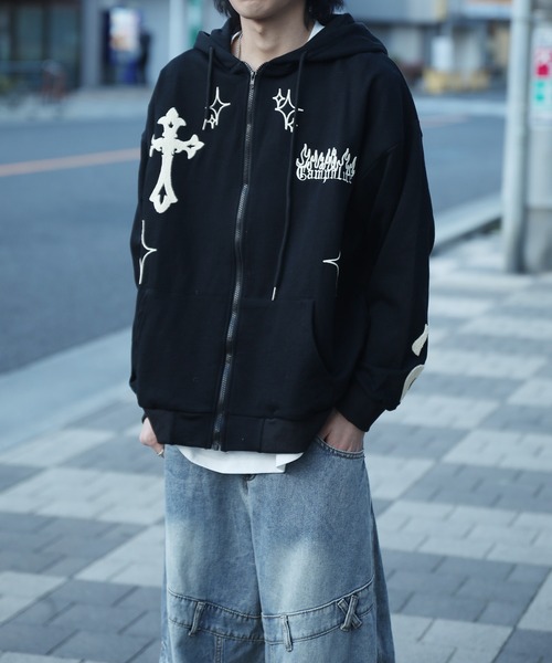パーカー 「HOOK」クロスと炎刺繍ジップパーカー メンズ レディース