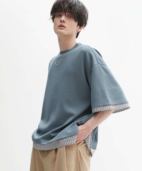 半袖Tシャツ メンズ 肩パッドメタルチェーンデザイン 2色 ASTRONOMY tシャツ 半袖フェイクレイヤードオーバーサイズポンチ
