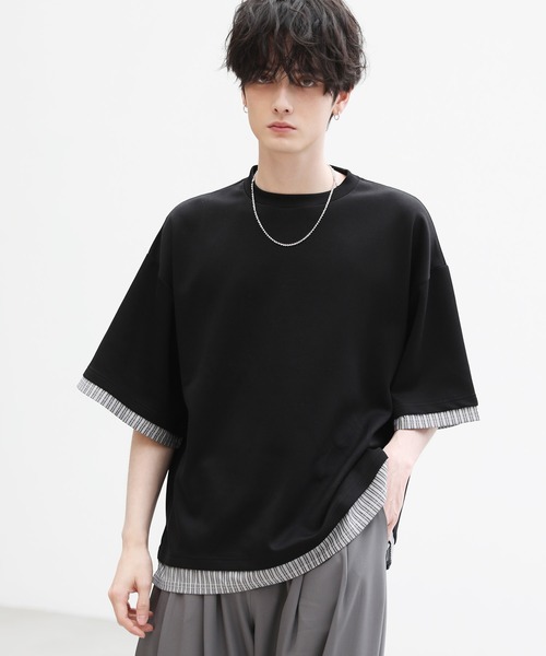 半袖Tシャツ　フェイクレイヤード　レイヤードデザイン　外国人女性　4Ⅼ 3XL フェイクレイヤードくしゅくしゅシャーリング半袖カットソー