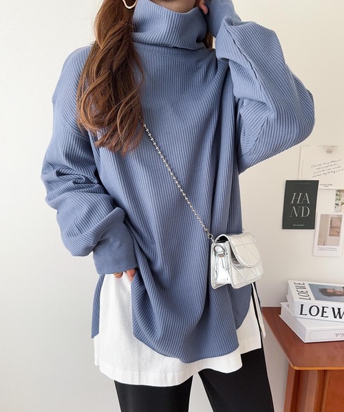 andme（アンドミー） tシャツ ワッフルタートルネック長袖トップス