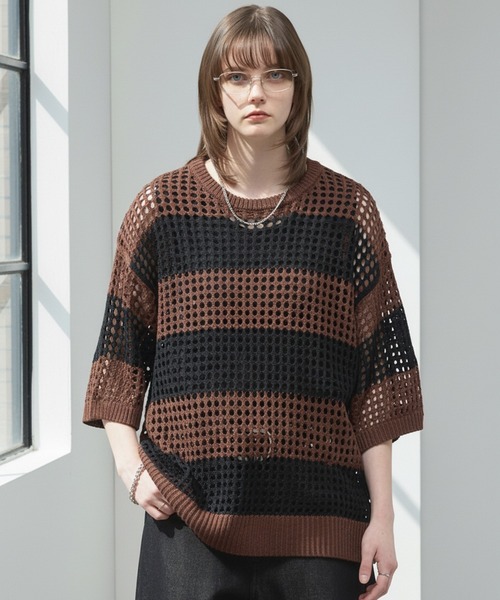 や*ち様 アパルトモン ボーダー シアー Tシャツ Border Sheer K tシャツ 「Alfred Alex」Border Mesh Oversized Knit/ボーダーシアー