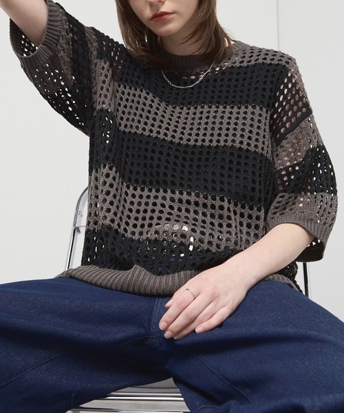tシャツ 「Alfred Alex」Border Mesh Oversized Knit/ボーダーシアー