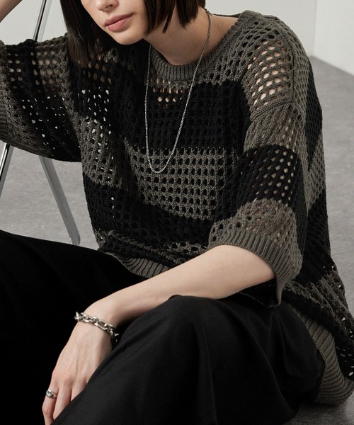 tシャツ 「Alfred Alex」Border Mesh Oversized Knit/ボーダーシアー