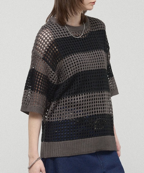 や*ち様 アパルトモン ボーダー シアー Tシャツ Border Sheer K tシャツ 「Alfred Alex」Border Mesh Oversized Knit/ボーダーシアー