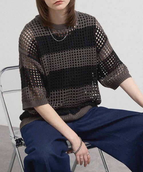 tシャツ 「Alfred Alex」Border Mesh Oversized Knit/ボーダーシアー