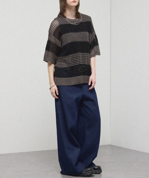 tシャツ 「Alfred Alex」Border Mesh Oversized Knit/ボーダーシアー