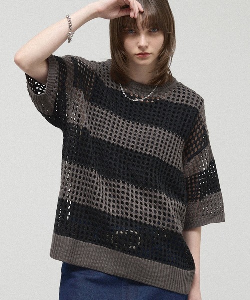 tシャツ 「Alfred Alex」Border Mesh Oversized Knit/ボーダーシアー