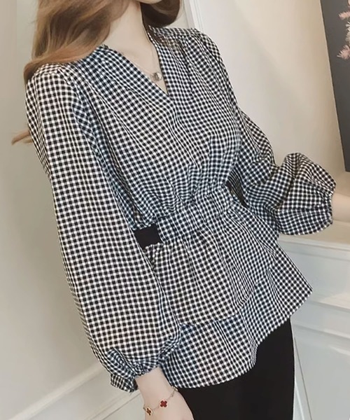 ブラウス シャツ チェック柄ハンカチスリーブブラウス レディース HUG.U シャツ チェック柄 レディース トップス チェック