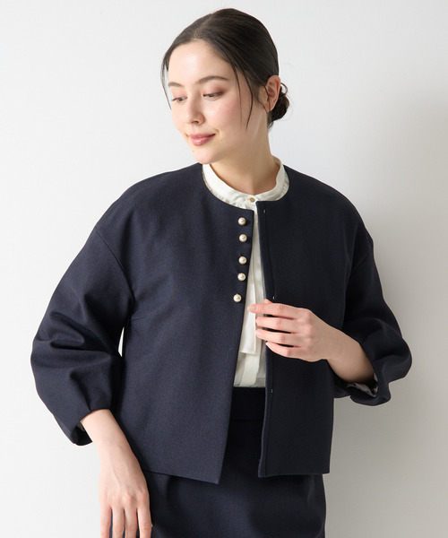 【美品】ローズティアラ ノーカラージャケット リボン袖 ダークネイビー 42 セットアップ対応】ダブルクロスリボンジャケット｜ローズ